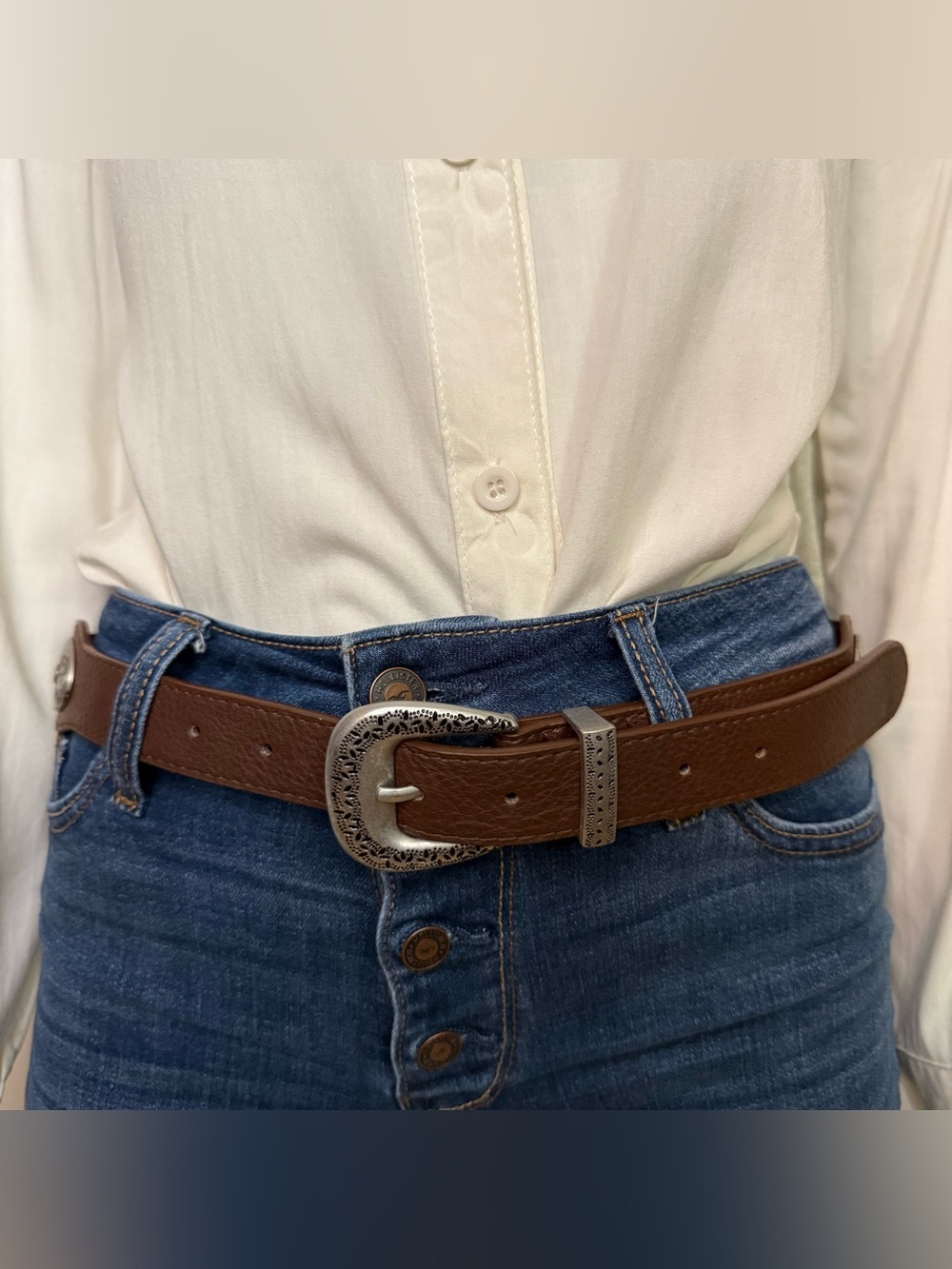 Brown PU leather old silver tone concho details
